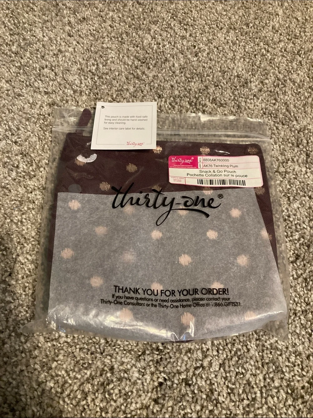 thirty-one Twinkling Plum Snack & Go Pouch - Plum with Light Pink Dots
